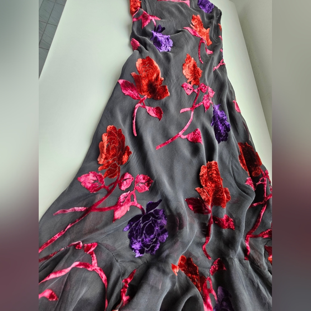 Betsey Johnson Vintage  Black Purple Red Orange Velvet Applique Ruffled Dress - Picture 7 of 16